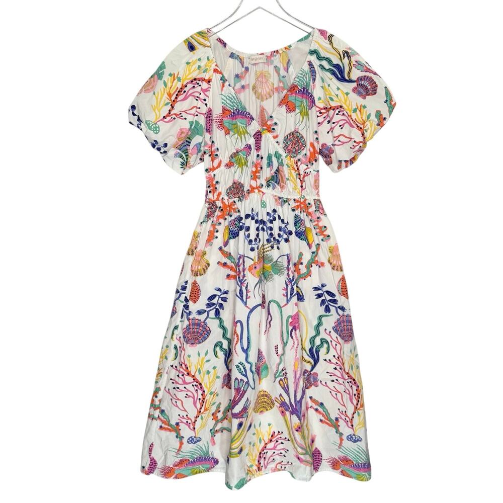 Banjanan Womens Francesca Dress M Lightweight Cotton Poplin Marine Life Print